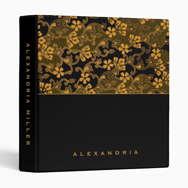 Classeur Tapisserie florale moderne Black & Gold | Nom pers (Devant/Côté)