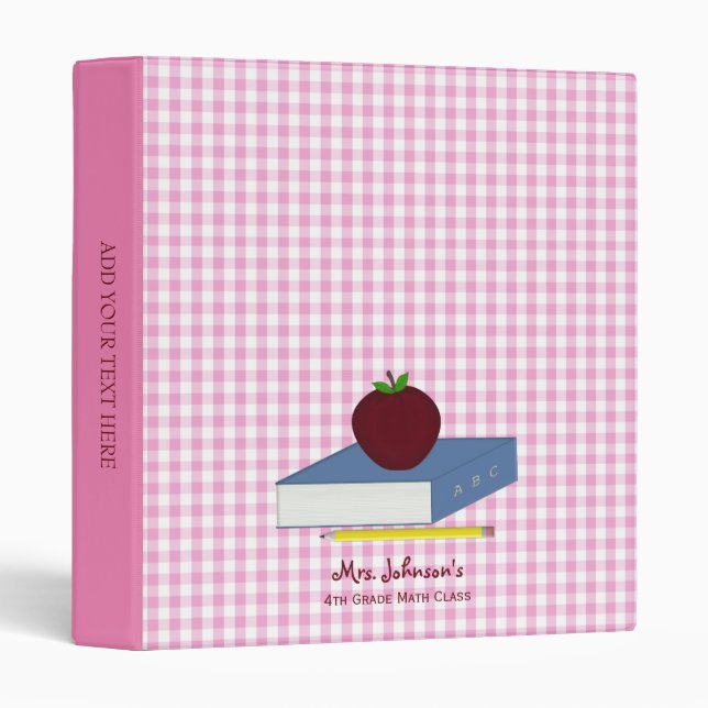 Classeur Teacher personnalisé En vichy rose (Devant/Côté)