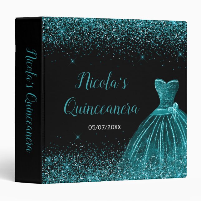 Classeur Teal Blue Dress Faux Glitter Quinceanera Album (Devant/Côté)