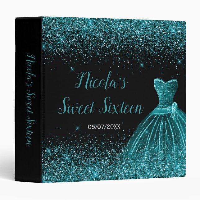 Classeur Teal Blue Dress Faux Glitter Sweet 16 Photo Album (Devant/Côté)