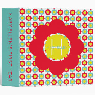 Classeur Teal rouge et fleurs jaunes sur le monogramme