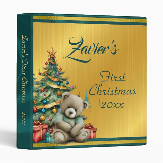 Classeur Teddy Bear Personalized 1st Christmas Album (Devant/Côté)