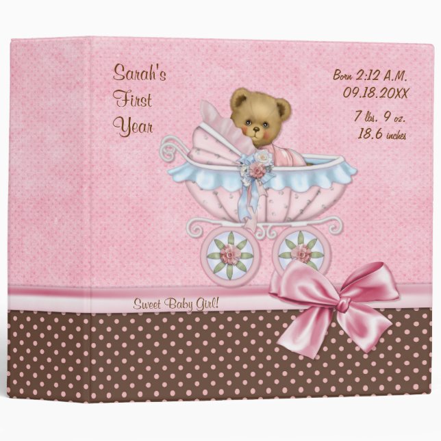 Classeur Teddy Carriage Pois - Baby Girl (Devant/Côté)