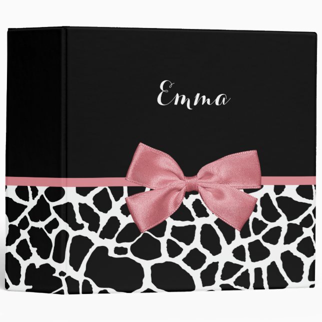 Classeur Tendance Giraffe Imprimer Rosy Rose Bow avec nom (Devant/Côté)