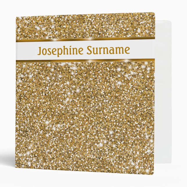 Classeur Texture de paillettes jaune doré faux & texte pers (Devant/Intérieur)