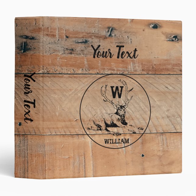 Classeur Texture en bois rustique et monogramme de cerfs su (Devant/Côté)