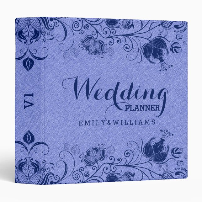 Classeur Texture Lin Bleu Avec Dentelle Florale Bleue Marin (Devant/Côté)