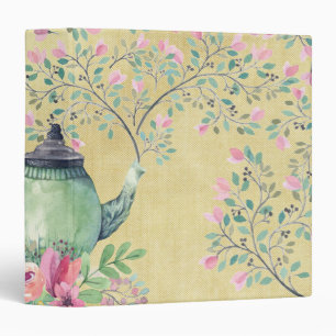 Classeur Théière d'aquarelle et or élégants de fleurs