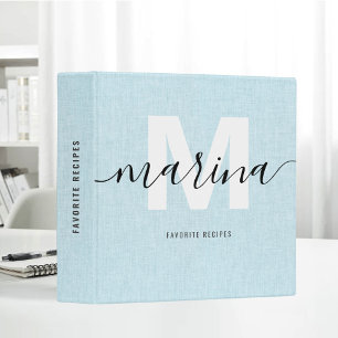Classeur Tissu de lin bleu Recettes favorites Monogramme
