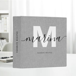 Classeur Tissu de lin noir Monogramme de recettes préférées