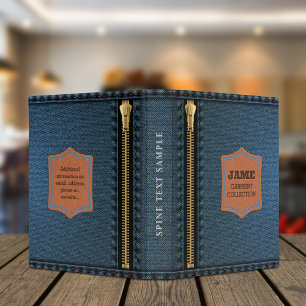 Classeur Tissu Denim Bleu Avec Zip Et Étiquette Jean Fabric