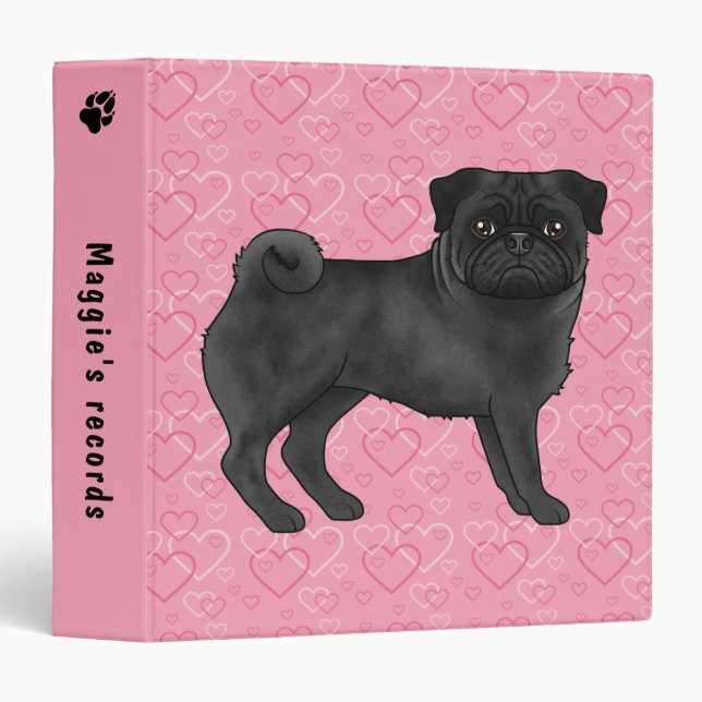 Classeur Tissu Motif Coeurs Amour Chien Mignon Pug Noir Ros (Devant/Côté)