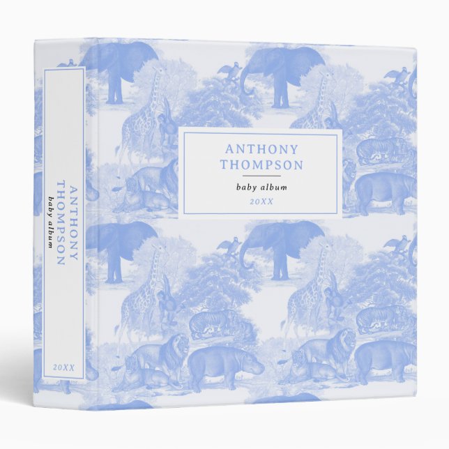 Classeur Toile Bleue Jungle Animaux Safari Chinoiserie Albu (Devant/Côté)
