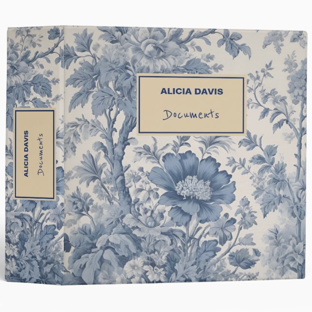 Classeur Toile de Jouy aux fleurs bleues | votre nom (Devant/Côté)