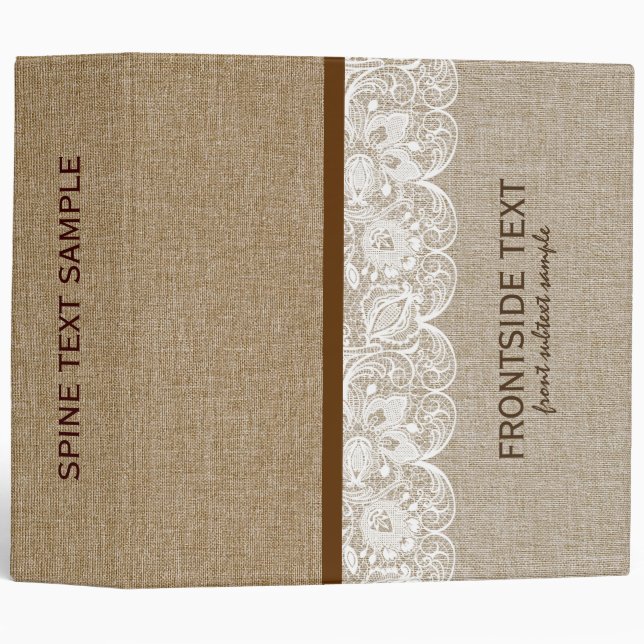 Classeur Tons Brown Faux Linen Burlap Dentelle blanche (Devant/Côté)