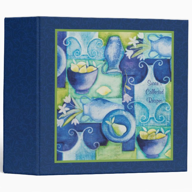 Classeur toscan bleu de recette de cuisine (Devant/Côté)