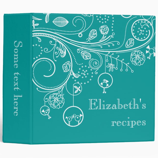 Classeur Tourbillons floraux et oiseaux recette turquoise (Devant/Côté)