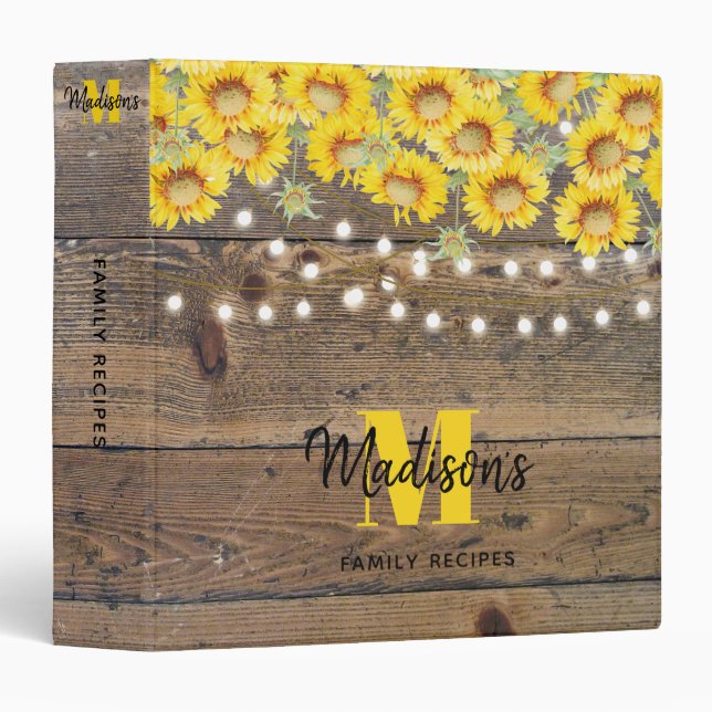 Classeur Tournesols rustiques Bois Chaîne Lumières Recette (Devant/Côté)