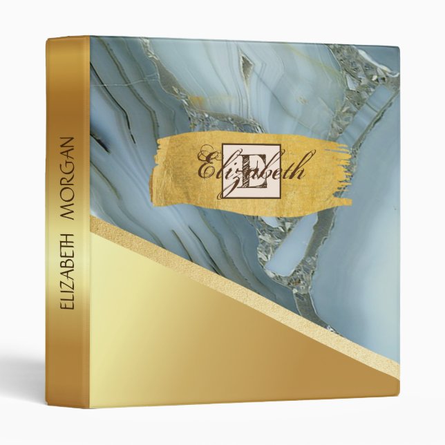 Classeur Trendy Gold Brush Stroke, Marbre bleu, Monogramme (Devant/Côté)