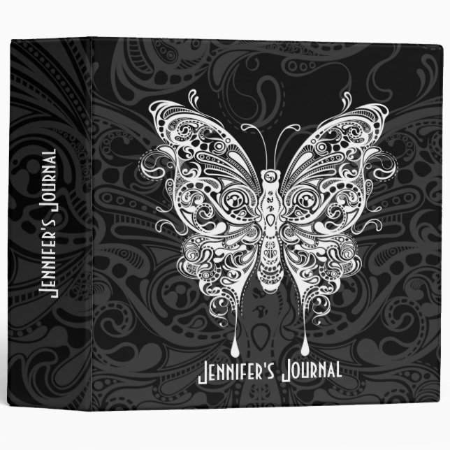 Classeur Tribal Ornate Noir & Blanc Papillon (Devant/Côté)