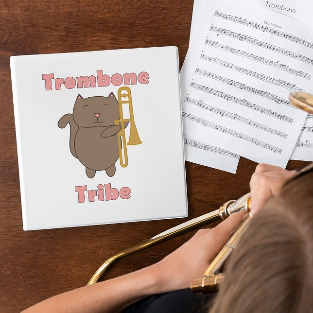 Classeur Trombone Tribe Funny Cat Music Pink Letters (A binder with a brown cat holding a trombone with the words trombone tribe.)