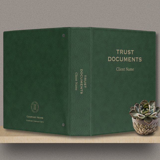 Classeur Trust Documents Client Name Logo Green Leather  (Trust Documents Binder with Client Name, Company Name & Logo in green faux leather with gold.)