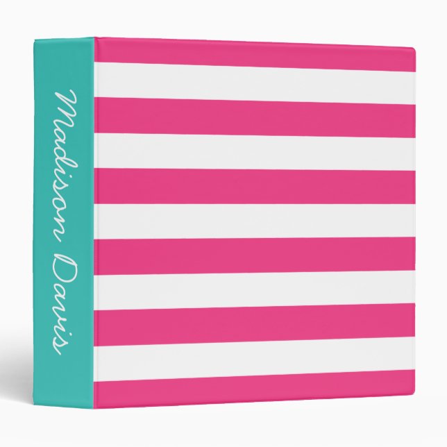 Classeur Turquoise à rayures rose et blanc chaud Personnali (Devant/Côté)