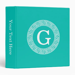 Classeur Turquoise Blanc Clé grecque Cadre Ronde Monogramme