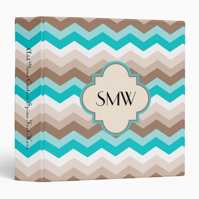 Classeur Turquoise Bleu Brown Chevron Moderne Monogramme (Devant/Côté)