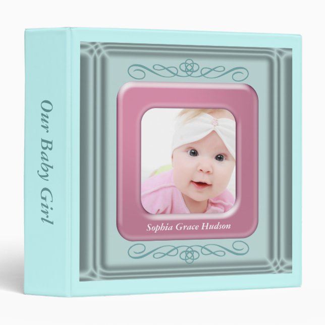 Classeur Turquoise bleu rose cadre photo bébé fille Album p (Devant/Côté)