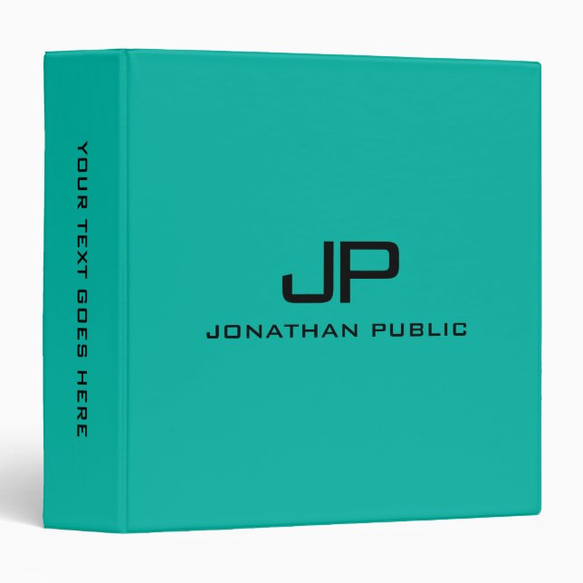 Classeur Turquoise Bleu Vert Couleur Solide Monogramme Nom  (Devant/Côté)