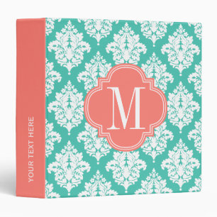 Classeur Turquoise de damassé et monogramme élégants de