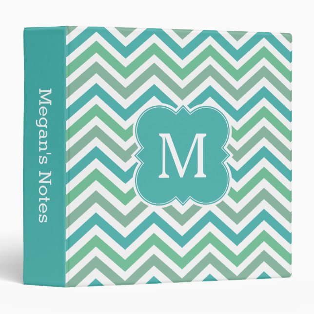 Classeur Turquoise et Aqua Green Chevron Motif Monogramme (Devant/Côté)