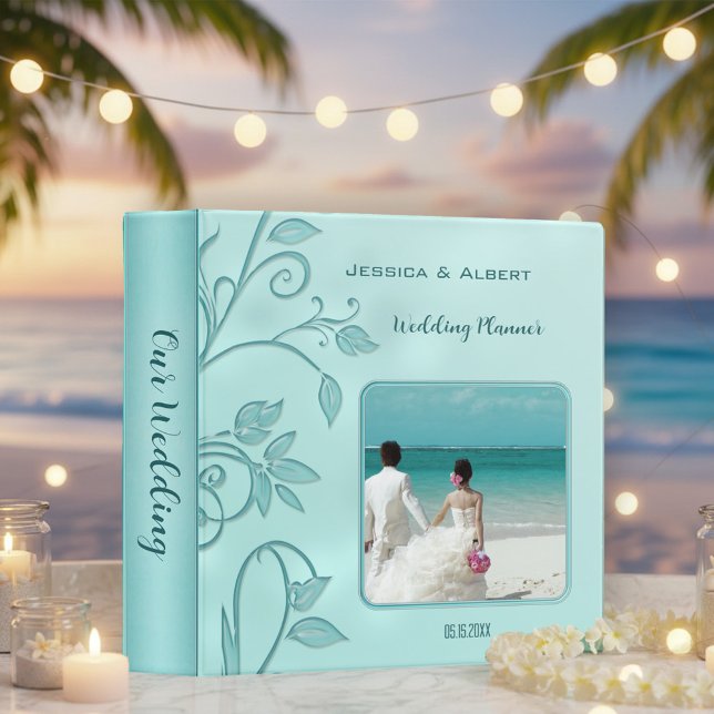 Classeur Turquoise Floral Wedding Photo Binder (Wedding binder featuring your photo framed by floral swirls in vibrant turquoise and aqua mint)