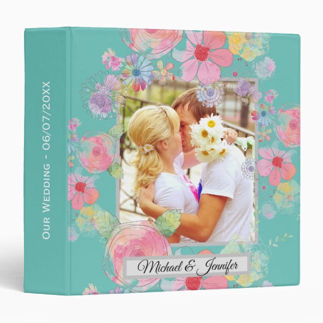 Classeur Turquoise Shabby Chic Floral Custom Wedding Photo (Devant/Côté)