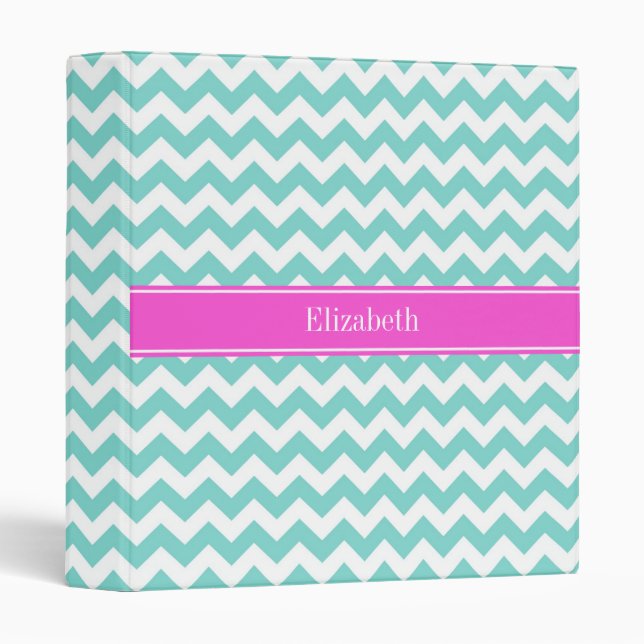 Classeur Turquoise Wht Chevron Hot Pink Nom Monogramme (Devant/Côté)