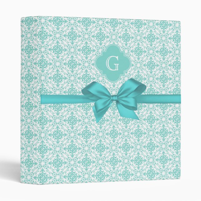 Classeur Turquoise Wht Damask #2 Turquoise Label Bow (Devant/Côté)