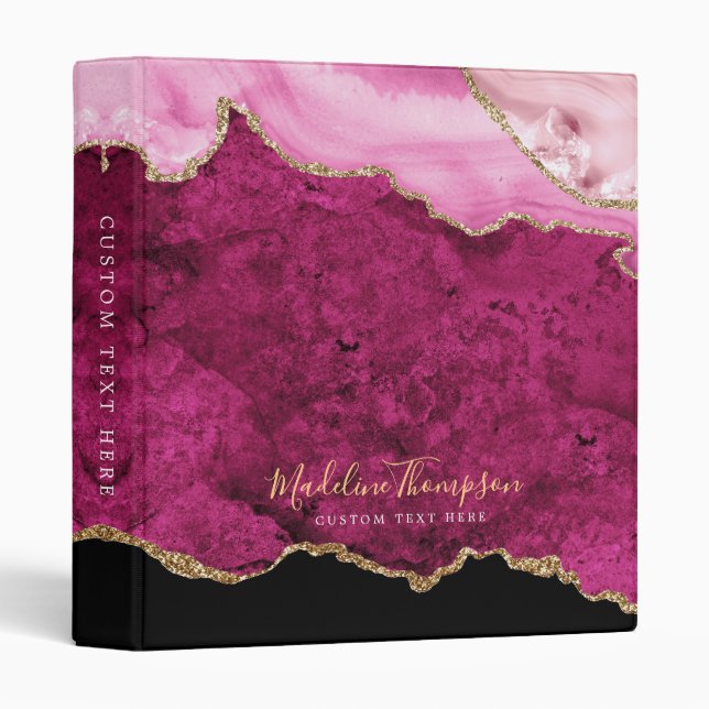 Classeur Typographie de script doré géode d'agate rose élég (Devant/Côté)