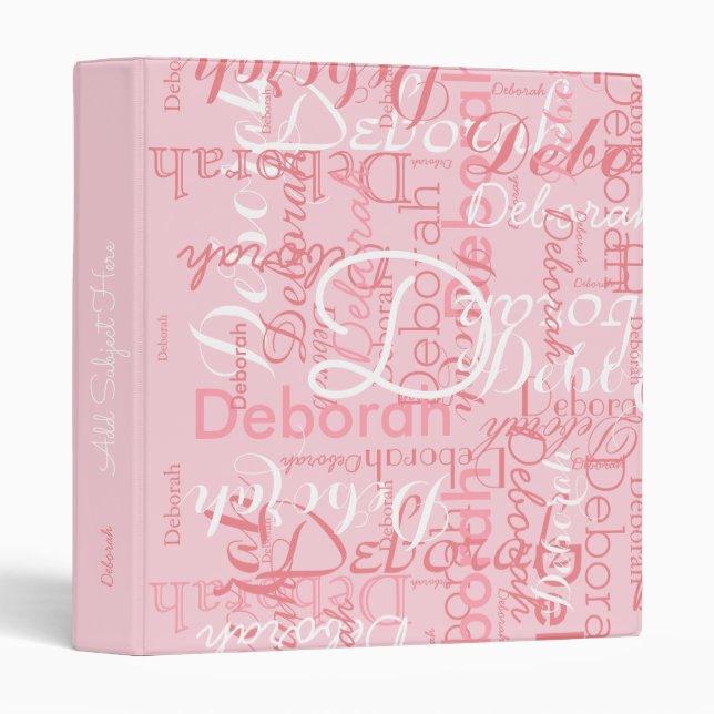 Classeur typographie féminine motif de noms pour elle, rose (Devant/Côté)