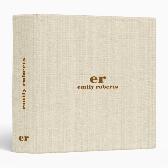 Classeur Typographie Marron Lin Uni Clair Monogramme (Devant/Côté)