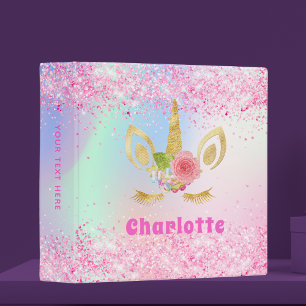 Classeur Unicorne face holographique or rose nom parties sc