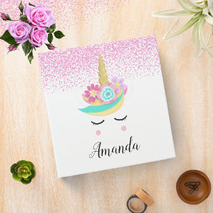 Classeur Unicorne personnalisée Face rose Parties scintilla