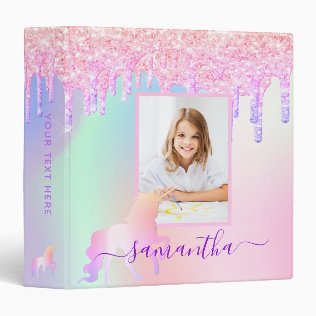 Classeur Unicorne photo personnalisée holographique rose (Devant/Côté)