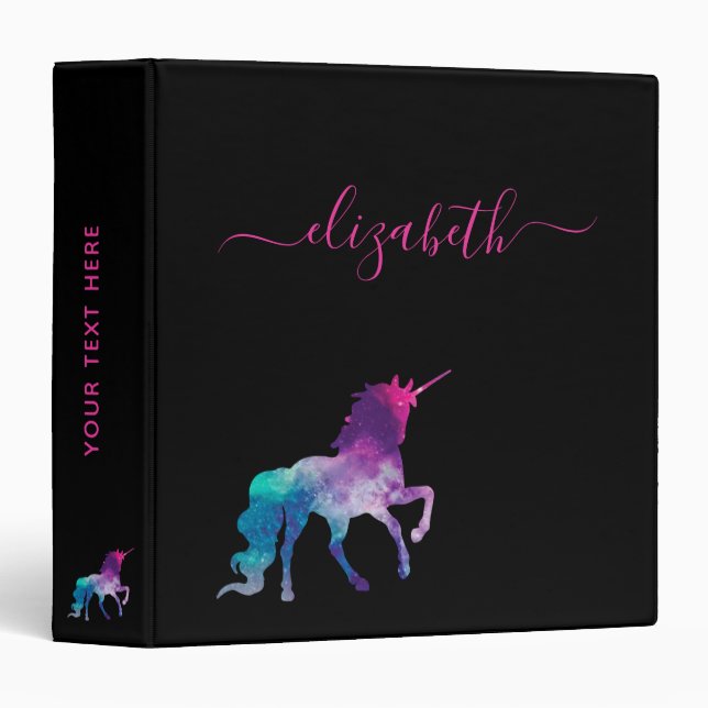 Classeur Unicorne violet rose noir script monogramme (Devant/Côté)