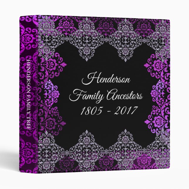 Classeur Unique Élégant Purple Ornate Généalogie (Devant/Côté)