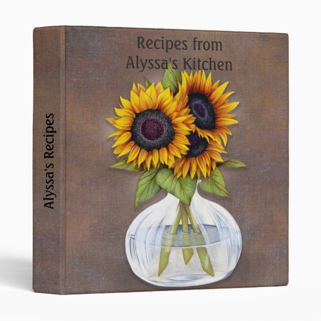 Classeur Vase de tournesol sur Brown rustique Personnalisé (Devant/Côté)