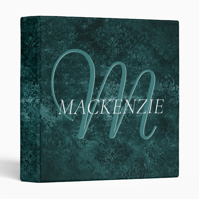 Classeur Velvety Turquoise Damask | Grunge vert foncé perso (Devant/Côté)