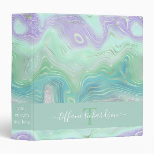 Classeur Vert mauve Agate Géode Monogramme Nom du script
