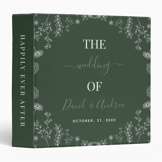 Classeur Vert sage | Script Mariage Fleur sauvage botanique (Devant/Côté)
