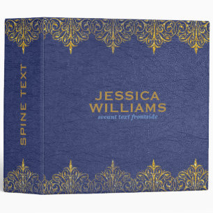 Classeur Vintage Bleu Cuir Texture Or Floral Bordure